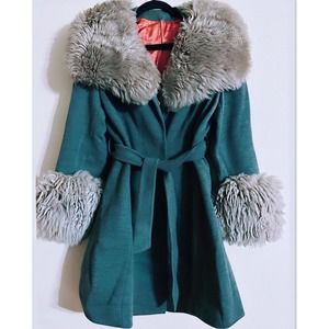 Vintage 1970s Grey Sheep Wool Coat With Real Fur Collar S/M Hippie Shaggy